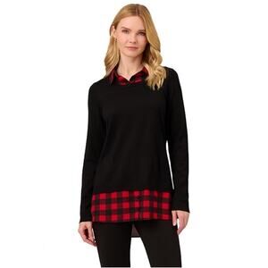 Adrianna Papell Diffusion Crewneck Twofer Red/Black Checkered Women's Large